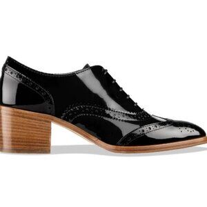 FOWT Women's Perforated Lace-Up Oxfords Almond Toe Mid Chunky Heel Black Shoes